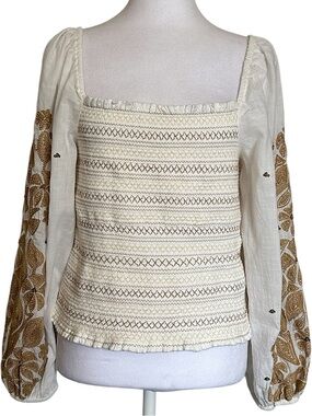 Anthropologie Beige Gold Floral Embroidered Smocked Puff Sleeve Peasant Top Sz M